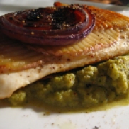 Potato crusted halibut with broccoli puree and roasted red onions